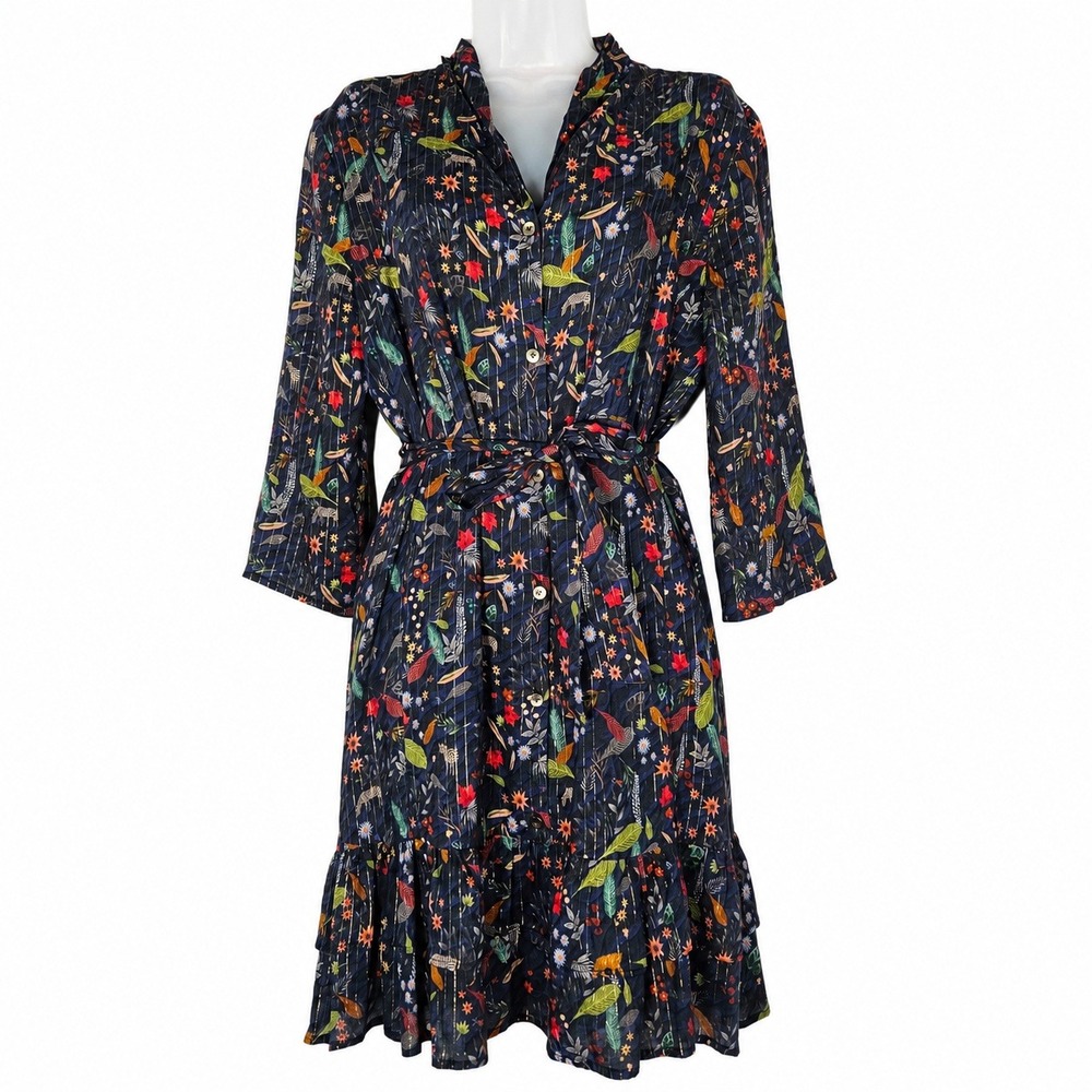 Vilagallo Midi Dress 40 L Navy Botanical Lined Belt Stripe Ruffle Boho Whimsical
